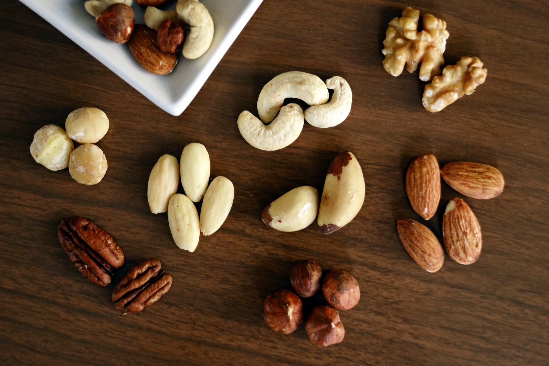 groups of nuts on a table 