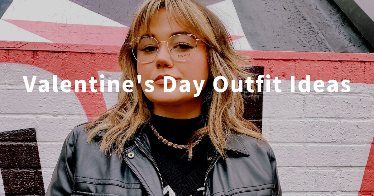 Blog banner for valentines outfit ideas. Woman standing in front of pink geometric background wearing Arlo Wolf eyewear
