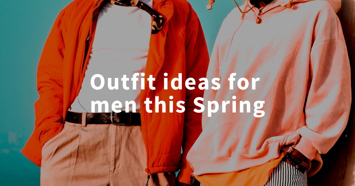 Outfit ideas for men in spring blog header, two men in pastel outfits for spring
