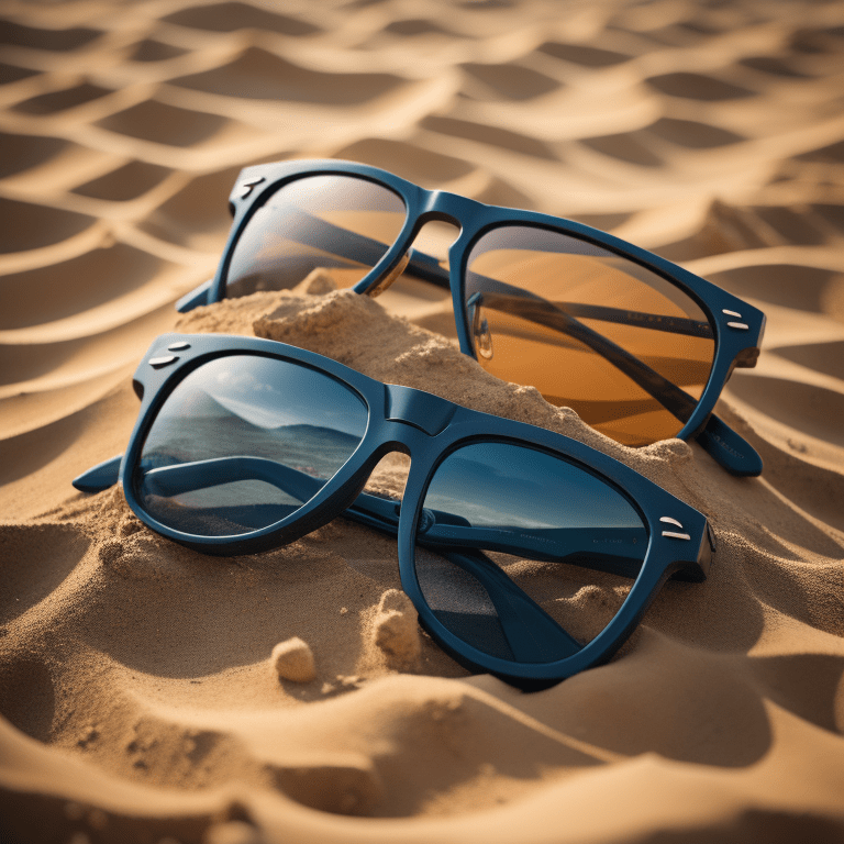 2 sunglasses in the sand on a beach